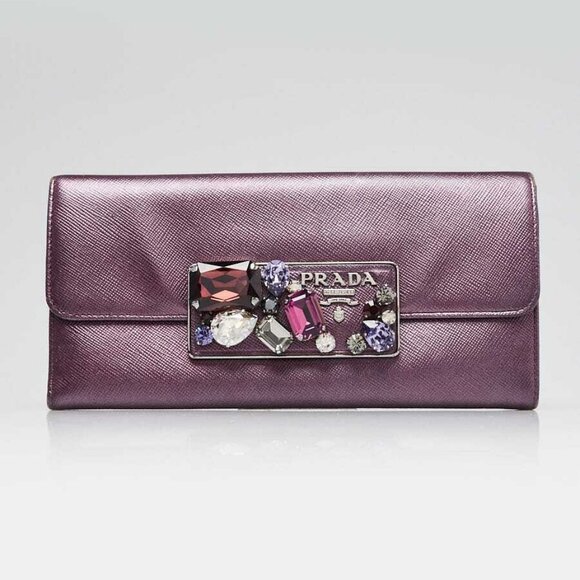 Prada Purple Saffiano Leather Crystal Flap Wallet - 1M1037 - Picture 1 of 11